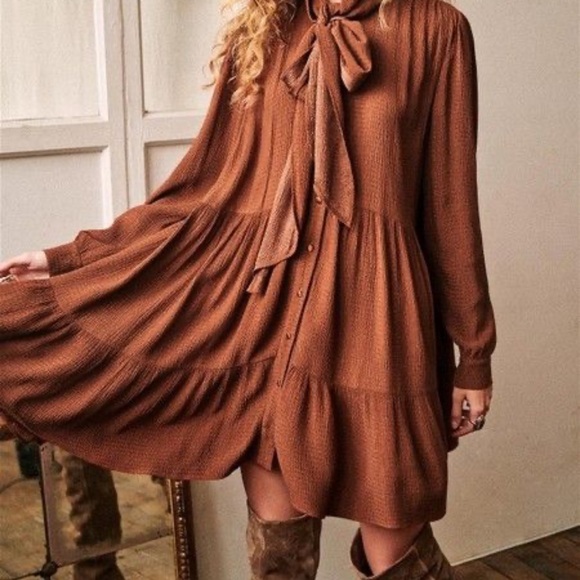 NWT Sezane Selena Elegant Brown Bow-Tie Dress S